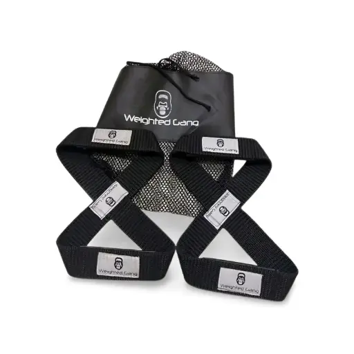 Figure 8 strap for weighted exercises with Weighted Gang branding.