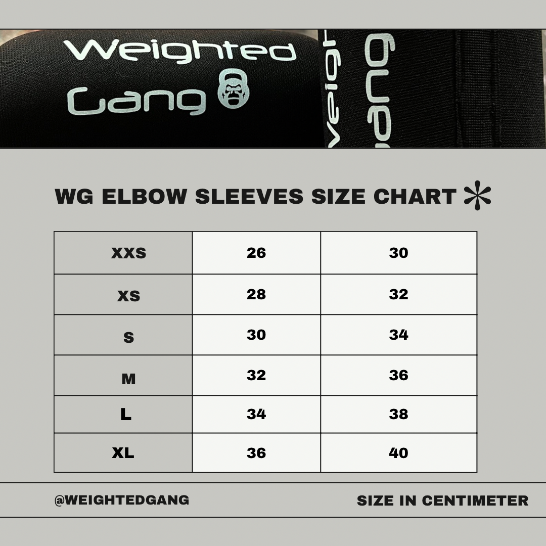 Elbow sleeves size chart for Weighted Gang fitness gear.