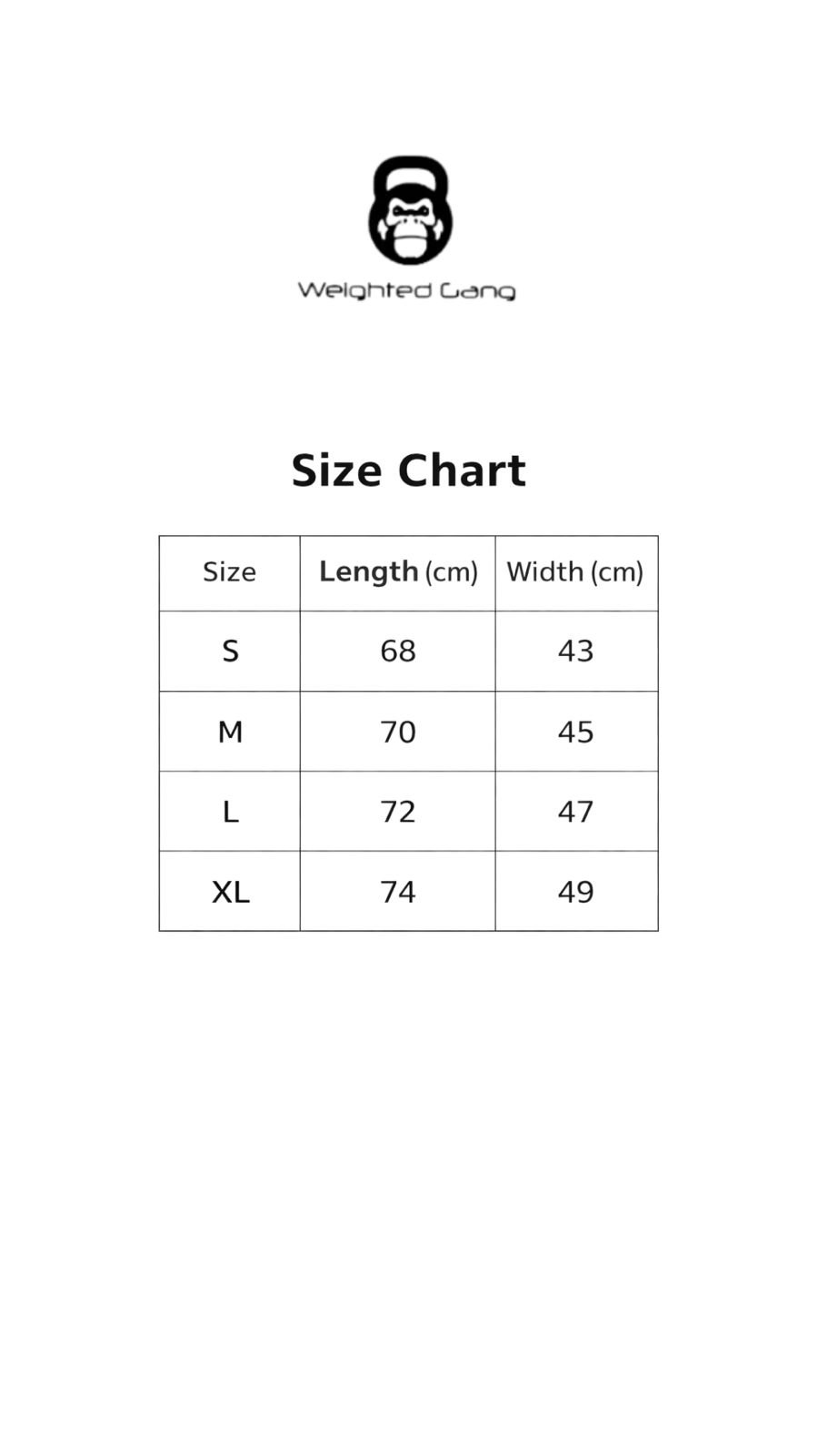 Size chart for WG Compression Long Sleeve with measurements in centimeters.