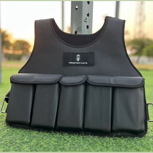 Weighted vest with multiple pockets for fitness and strength training.
