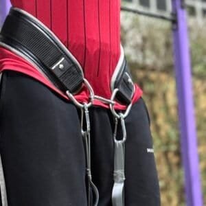 Close-up of weighted belt worn during fitness workout.